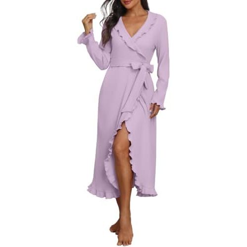 PrinStory Womens Robe Fleece Ruffle Warm Long Bathrobe