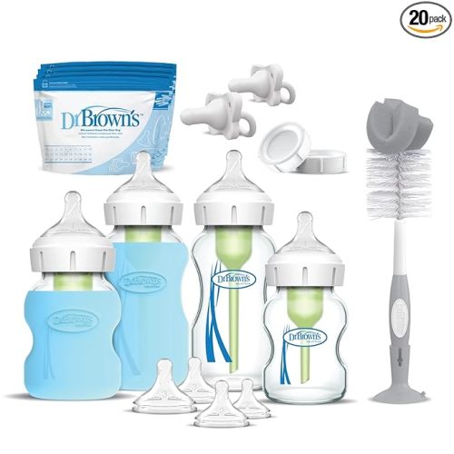 Dr. Brown's Anti-Colic Options+ Wide-Neck Glass Baby Bottle Starter Set with 100% Silicone Bottle Sleeves, Level 1, 2, and 3 Nipples, HappyPaci Pacifiers, Storage/Travel Caps, and Bottle Brush