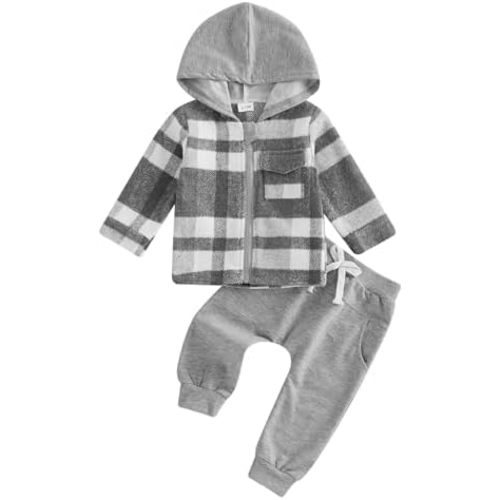 Kayotuas Toddler Baby Boy Fall Winter Outfit Vintage Plaid Hoodie Jacket Shirts Pants Set Infant 2 Piece Sweatsuit Tracksuit