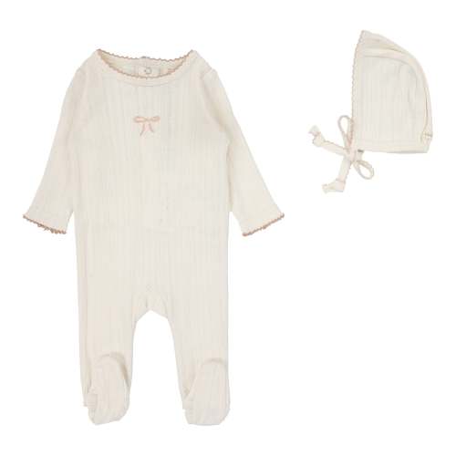 Pointelle Graphic Footie Set - Cream/Pink Bow