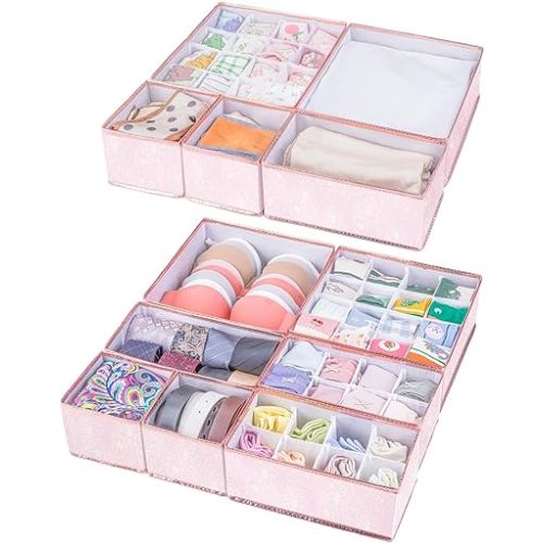 12 Pack Drawer Organizers for Clothing - Foldable Collapsible Fabric Closet Organizer and Storage Dresser Drawer Divider, Storage Box for Underwear, Socks, Bra, Ties, Pink