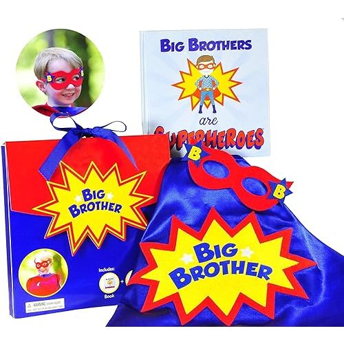 Tickle & Main Big Brother Gifts for Boy - 3-Piece Satin Superhero Cape & Mask with Storybook, Ages 2+, X-Large, Blue/Red/Yellow - Big Brother Superhero Cape Gift