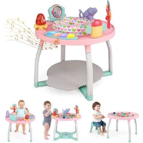 BABY JOY 5 in 1 Baby Activity Center, Baby Jumpers and Bouncers with Removable Toys, Lights & Music, 3 Adjustable Heights, Interactive Play Center for Toddlers Boys Girls 6-36 Months (Pink)
