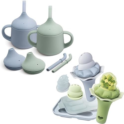 Moonkie Silicone Baby Sippy Cups 2-Pack & Baby Fruit Feeder with Freezer Tray 2-Pack | 3-Stage Training Cup, BPA-Free Silicone, Fun Rattle Handle, Pouches & Popsicle Molds for Infants 4 Months+ | Dish