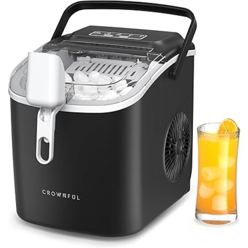 CROWNFUL Ice Maker Countertop, Portable Self-Cleaning Ice Maker Machine with Handle, Scoop and Basket, 9 Bullet Ice Cubes in 6 Mins, 26lbs/24H, Ideal for Home, Kitchen, Office, Bar, Party