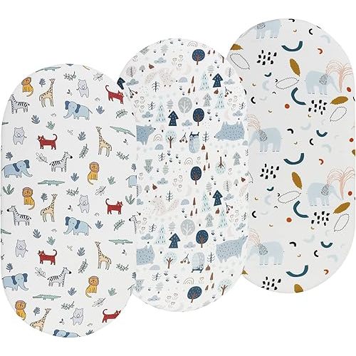 Bassinet Sheets 3 Pack for Baby Boy and Girl, Soft Stretchy Universal Fitted Sheet Set for Oval Rectangle Hourglass Bassinet Mattress, Woodland Animal Elephant Fox Lion Bear Giraffe Zebra Printing