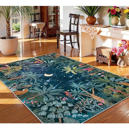 Lahome Midnight Jungle Green Rug, Washable Rugs 5x7 for Bedroom Aesthetic, Soft Large Office Area Rug Botanical Stain Resistant Non Slip Dining Room Carpet for Under Table Living Room