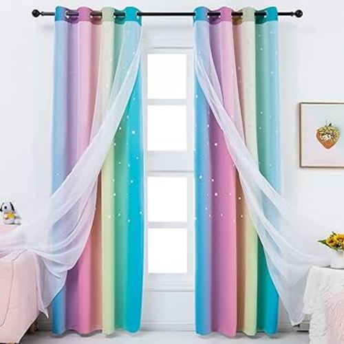 Anjee Star Curtains for Kids 2 in 1 Double Layer Blackout Curtains Grommets Top Star Cutout Rainbow Ombre Curtains with Sheer for Living Room Girls Bedroom 2 Panels 52 x 95 inch, Pink and Yellow