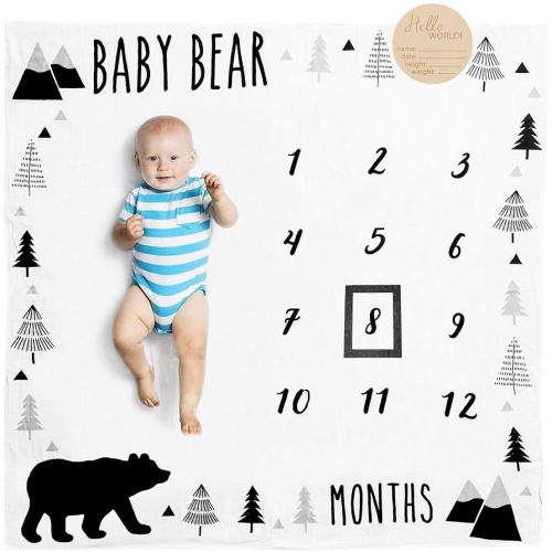 Organic Baby Monthly Milestone Blanket Boy - Baby Bear Blanket Months with Frame and Newborn Announcement Disc - Baby Boy Age Blanket for 1-12 Month Milestones, 47”x47”