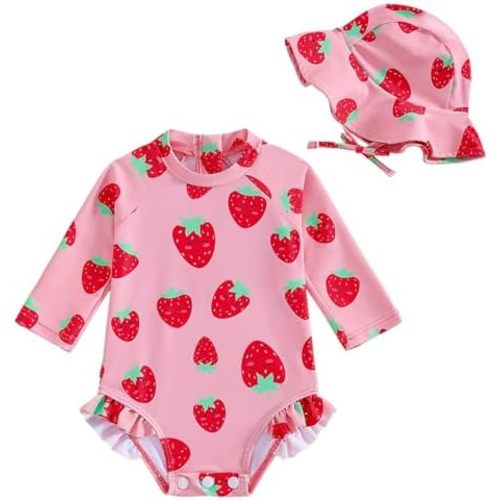 WOLBAY Baby Girl Swimsuit Long Sleeve One Piece Rash Guard with Sun Hat Zipper Bathing Suit Size 0-2T