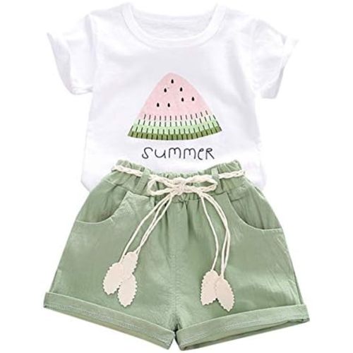 YOUNGER TREE Toddler Baby Girls Clothes Watermelon T-shirt + Linen Shorts with Belt Cute Summer Short Set