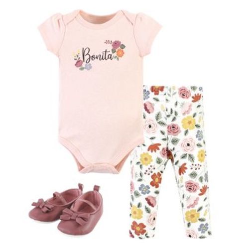 Hudson Baby Infant Girl Cotton Bodysuit, Pant and Shoe Set, Bonita Short Sleeve, 6-9 Months