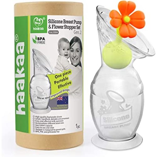 haakaa Silicone Manual Breast Pump with Suction Base and Flower Stopper 100% Food Grade Silicone BPA PVC and Phthalate Free (5oz/150ml) (Orange)