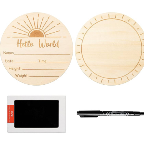 R HORSE Baby Birth Announcement Sign with Marker Pen, Boho Sun Baby Name Sign with Ink Pad for Hand and Footprints, Wooden Hello World Newborn Announcement Nursery Decor Keepsake Gifts