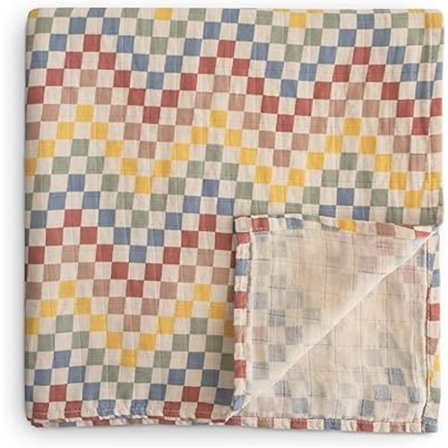 mushie Muslin Baby Swaddle Blanket | 100% Organic Cotton (Retro Check)