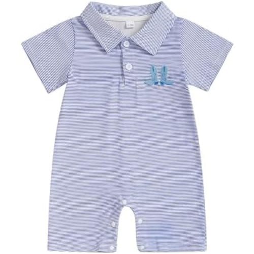 Gueuusu Country Baby Boy Outfit Newborn Western Romper Cowboy Boots Embroidery Striped Collared Bodysuit Infant Clothes