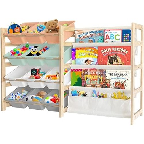 Toy Storage Organizer with Bookshelf - 12 Storage Bins 4-Tier Multipurpose Shelf to Organize Toys and Books for Kids Room, Playroom, Nursery Room, Multi-Color