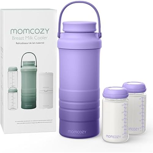Momcozy 22oz Portable Breast Milk Cooler for Outdoor, Life Saver with 360° Total Cooling for 24 Hours, Larger Capacity Travel Breastmilk Chiller with 2pcs Baby Bottles for Breastmilk Storage, Purple