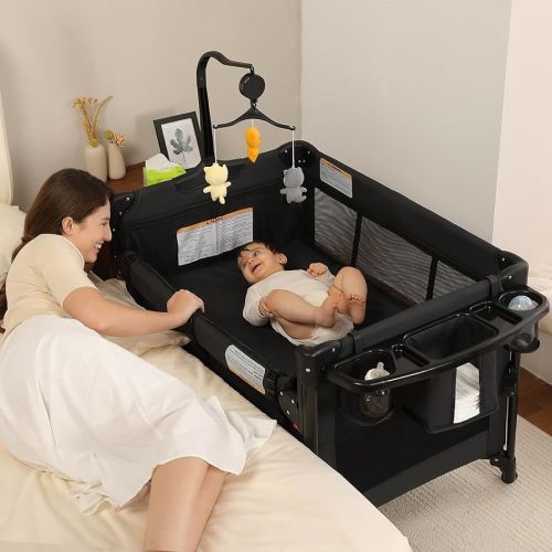 Baby Bassinets Bedside Sleeper, Pack and Play, Portable Crib, Diaper Changing Table & Baby Play Yard - Breathable Mesh & Steel Frame - Foldable for Newborn to Toddler (Black)