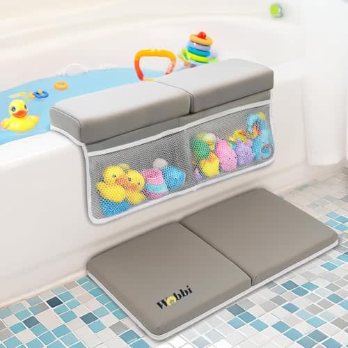 Wobbi Baby Bath Kneeler and Elbow Rest Pad Set - 1.5" Thick Memory Foam Knee Pad for Bathing Babies - 6 Suction Cups Non Slip Bath Kneeling pad with Toy Storage - Foldable & Quick Drying-Grey
