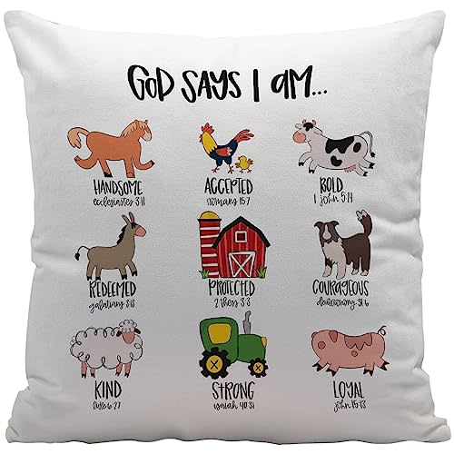 Christian Bible Scripture God Says I am Farm Animal Crew Throw Pillow Cover Decor for Home Farmhouse Kids Room Decor,Farm Gifts for Kids Girls Boys,Christian Gifts for Women Teen Girls,18x18 Inches