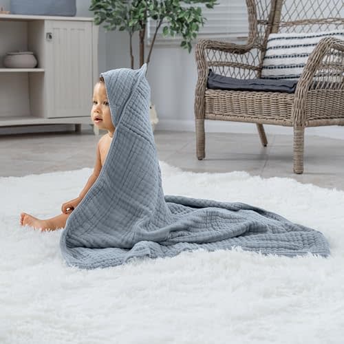 Comfy Cubs 2 Pack Baby Hooded 9 Layer Muslin Cotton Towel for Kids, Large 32” x 32”, Ultra Soft, Warm, and Absorbent. Baby Essentials Bath Towels, Cute Unisex for Girls and Boys (2 Pack, Pacific Blue)
