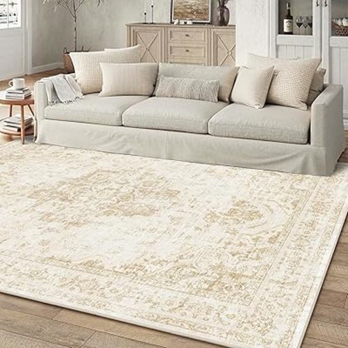 6x9 Vintage Washable Area Rugs Boho Medallion Large Distressed Retro Accent Carpet Floral Non-Slip Soft Low Pile Indoor Throw Rug for Living Room Bedroom Dining Room Office Kitchen, Beige