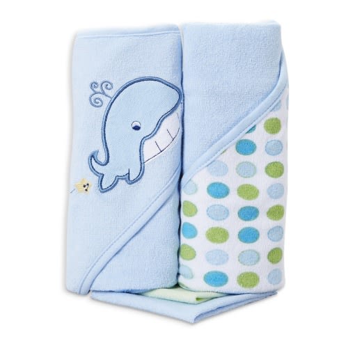 Spasilk Baby 2 Terry Hooded Towels & 2 Washcloths Bath Set for Newborns and Infants, Blue Whale