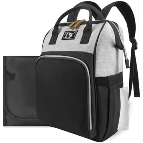 Diaper Bag Backpack for Women - Multifunction Travel Essentials Baby Diaper Bag with Changing Pad, Large Backpack Baby Girl Boy, Insulated Bottle Holders & Stroller Straps (Black+Gray)
