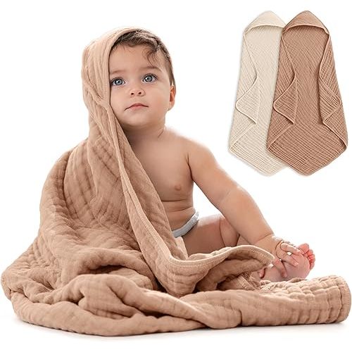 Comfy Cubs Hooded Baby Towel 2-Pack, Large 32 x 32 Inch - 6 Layer 100% Muslin Cotton for Babies, Toddlers, Kids - Soft & Absorbent Baby Bath Towels - Unisex Design for Bath Time, Cedar and Sand