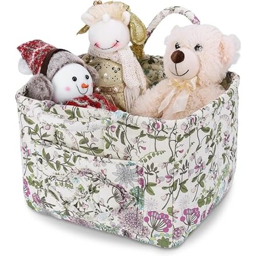 Storage Basket Boho Fabric Large Collapsible Floral Laundry Nursery Hamper Portable Folding Storage for Clothes Toys (Purple)