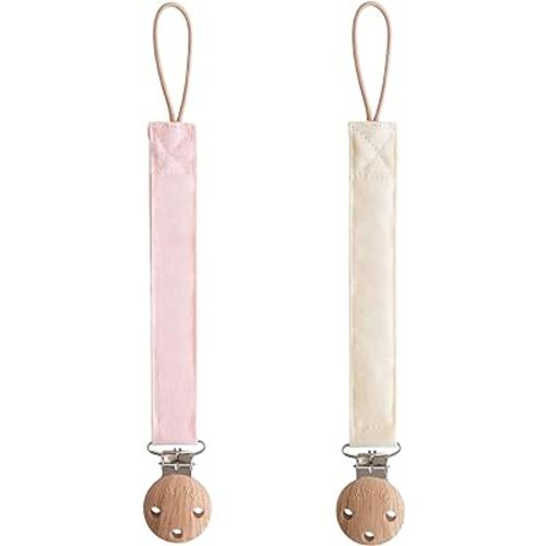 mushie Linen Baby Pacifier Clip Holder | Soft Fabric Strap, 2-Pack (Blush/Cream)