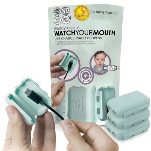 Watch Your Mouth Baby Proof Cord Cover | Award-Winning USB Charger Cover for Baby Proofing Cords | BPA & Phthalate-Free Charger Cover Protector | Electrical Safety Baby Products, (3-Pack, Dusty Aqua)