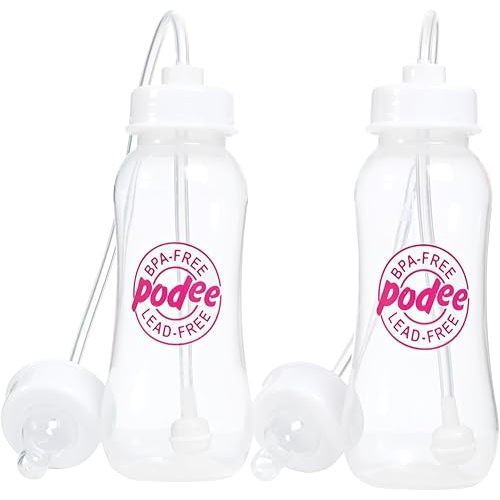 Hands-Free Baby Bottle - Anti-Colic Self Feeding Baby Bottle 9 oz Nursing System with Fast Flow Nipple/Teat 3m+ Infant (2 Bottles - Podee Pink)