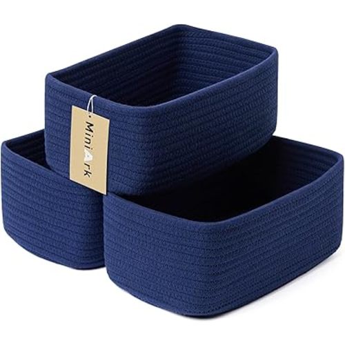 Small Storage Baskets for Organizing | Closet Organizer Bins | Shelf Toy Basket | Woven Rope Baskets | Cube Decorative Box | Shallow Basket | 11.5x7.5x4.7” | 3 Packs Navy Blue