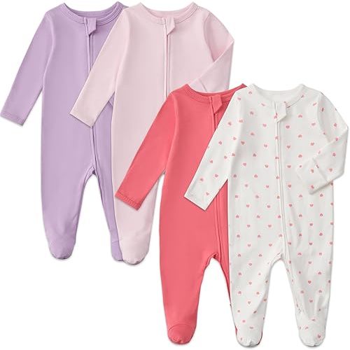 Aablexema Baby Footed Pajamas with Mitten Cuffs Zipper 4-Pack Infant Newborn Cotton Long Sleeve Outfit