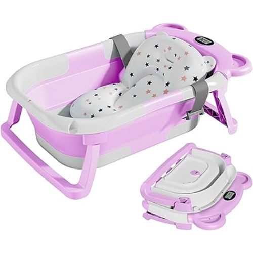 TPN Collapsible Baby Bathtub, Baby Bath Tub with Soft Cushion & Real-Time Thermometer, Baby Bathtub Infant to Toddler Tub (0-36 Months), Portable Newborn Travel Bath tub