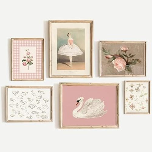 Nursery Pink Wall Art Decor Baby Girl Canvas Wall Art Vintage Floral Prints Kids Room Wall Decor Preppy Flower Poster Antique Pink Pictures Swans Painting for Girls Room Bedroom 12x16x6 Inch Unframed
