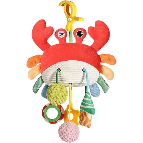 Baby Car Seat Toys 0-6 Months - Crib & Stroller Hanging Crab Attachment with Clip, Rattles and Teether, Travel Comfort Toy for Newborn Infant Gifts