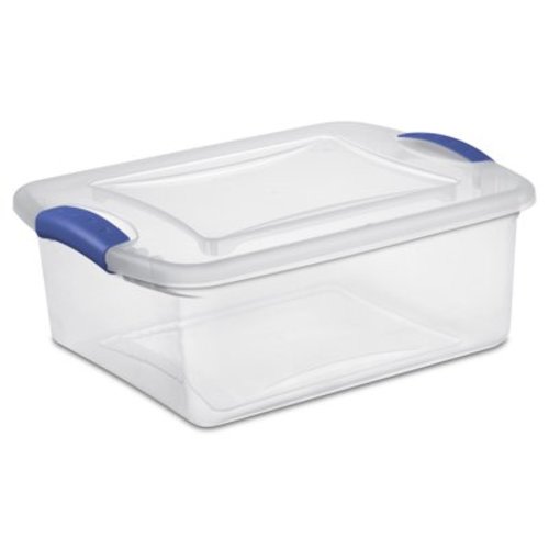 Sterilite 15 Quart Storage Container, Clear Plastic Latch Box with Blue Latches