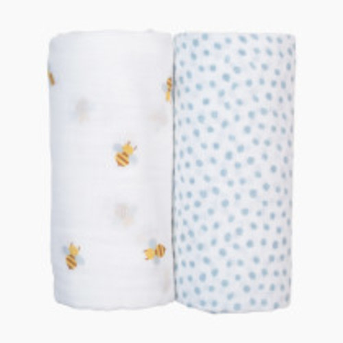 Lulujo Muslin Swaddles (2 Pack) - Bees/Blue Dots, 2