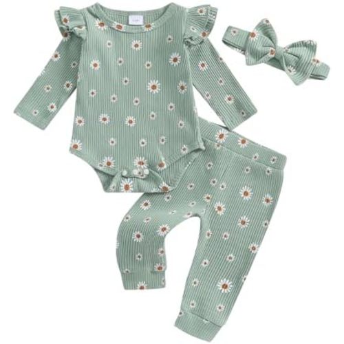 Hnyenmcko Newborn Baby Girl Fall Outfits Rib Frill Long Sleeve Ruffled Romper Solid Pants Headband Set 3Pcs Winter Clothes
