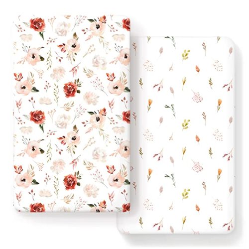 Ultra Soft Jersey Knit Fitted Crib Sheets 2 Pack, Universal Fit Crib Mattress Pads Snug and Safe, Breathable Crib Mattress Sheet for Baby Girls, Pretty Watercolor Pink Rose Flora