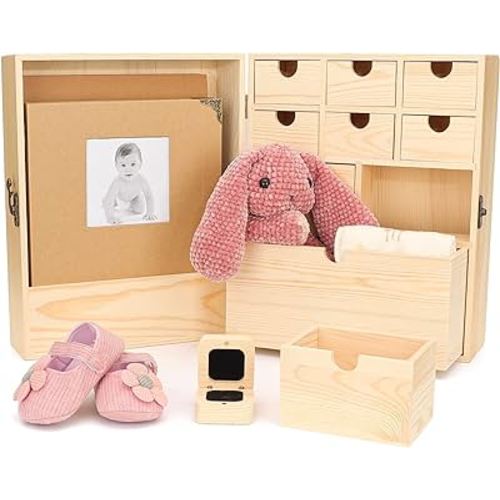 Premium Pine Wood Baby Keepsake Box with Memory Book - Sturdy, Ample Storage for Mementos