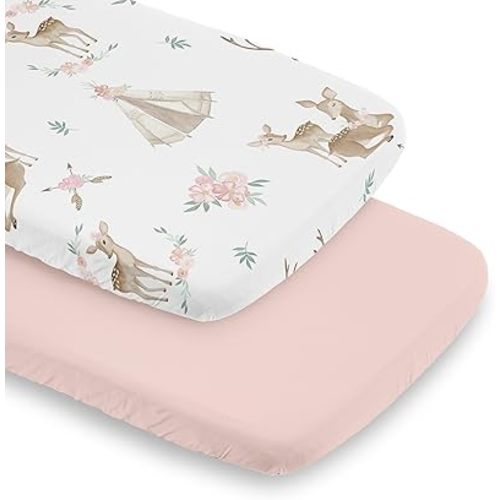 Sweet Jojo Designs Woodland Deer Floral Girl Baby Bassinet Sheets Fitted Sheet Set Infant Newborn Nursery Oval Rectangle Hourglass Mattress 2p Pink Green Boho Bohemian Watercolor Forest Animal Chic