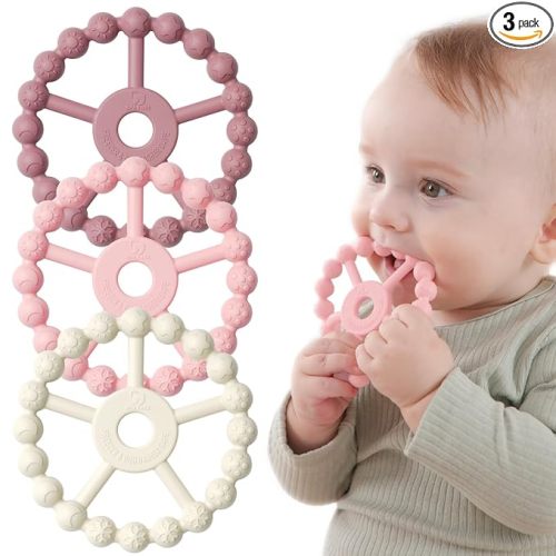 3 Pack Ring Teether Baby Infant Toys, Baby Essentials, Silicone Teething Ring Toys for Babies 0-6 Months, Seposeve Toddler Teethers 6-12 Months 12-24 Months, Infant Teething Relief, Purple Pink White