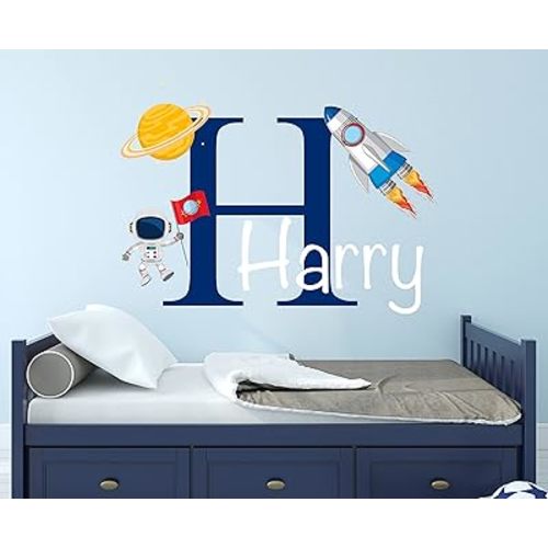 Custom Name Rocket Wall Decal - Space Boy Room Decor Vinyl Wall Art Sticker (24InW x 18InH), 1 Count, Blue, Matte, Removable, Indoor, Space, Cartoon, Modern, Contemporary