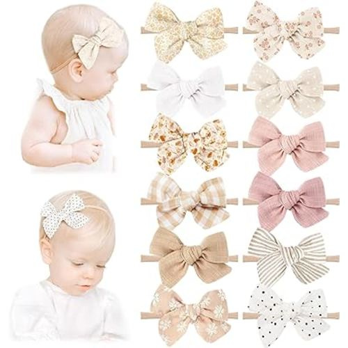 Niceye Baby Bows and Headbands, 12 Packs of Stretchy Nylon Hairbands Hair Bows for Newborns, Infants, Toddlers - Handmade Baby Hair Accessories for Girls