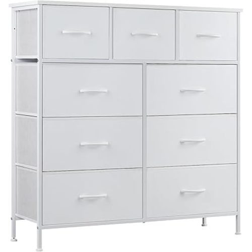 DUMOS Dresser for Bedroom, Storage Organizer with 9 Drawers, Chest of Drawers with Fabric Bins, Sturdy Metal Frame, Wood Tabletop for Guest Room, Closet, Entryway, Nursery