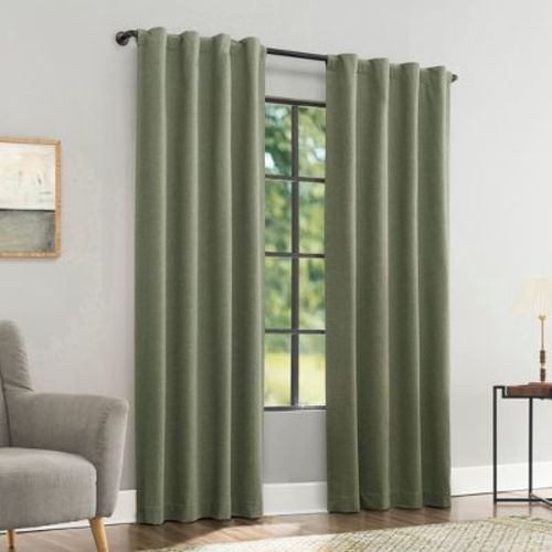 40"x96" Sun Zero Treviso Linen Blend Magnetic Closure 100% Blackout Back Tab Curtain Panel Moss